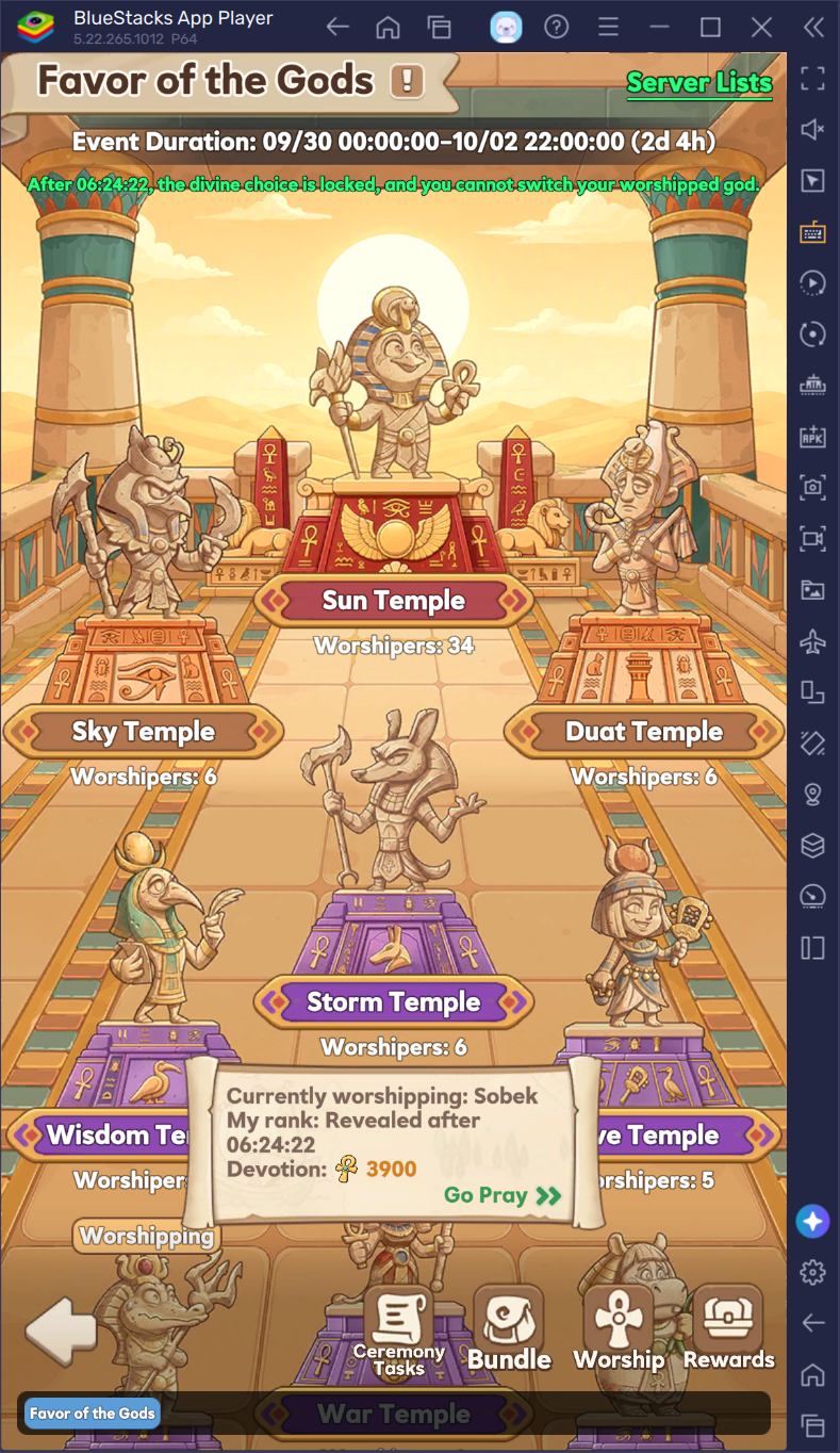 Favor of the Gods event screen showing the temples and worshipper counts