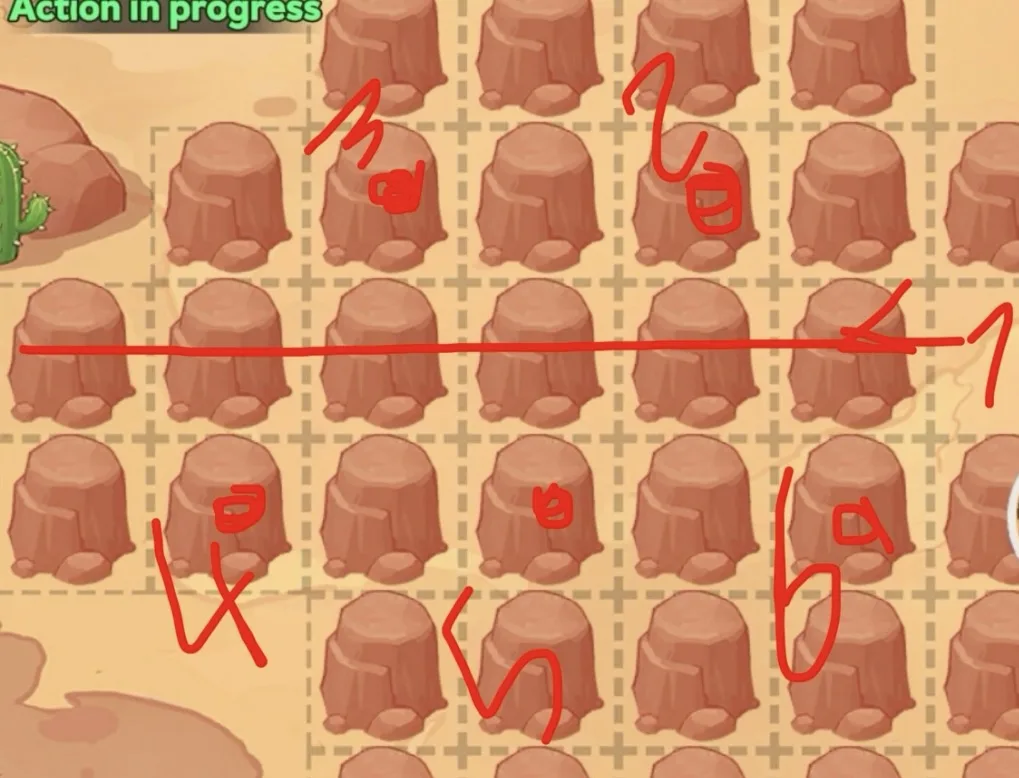 Annotated desert dig grid: clear a full mid row first, then spaced tiles on the rows above and below so a 2×2 boss cannot be missed.